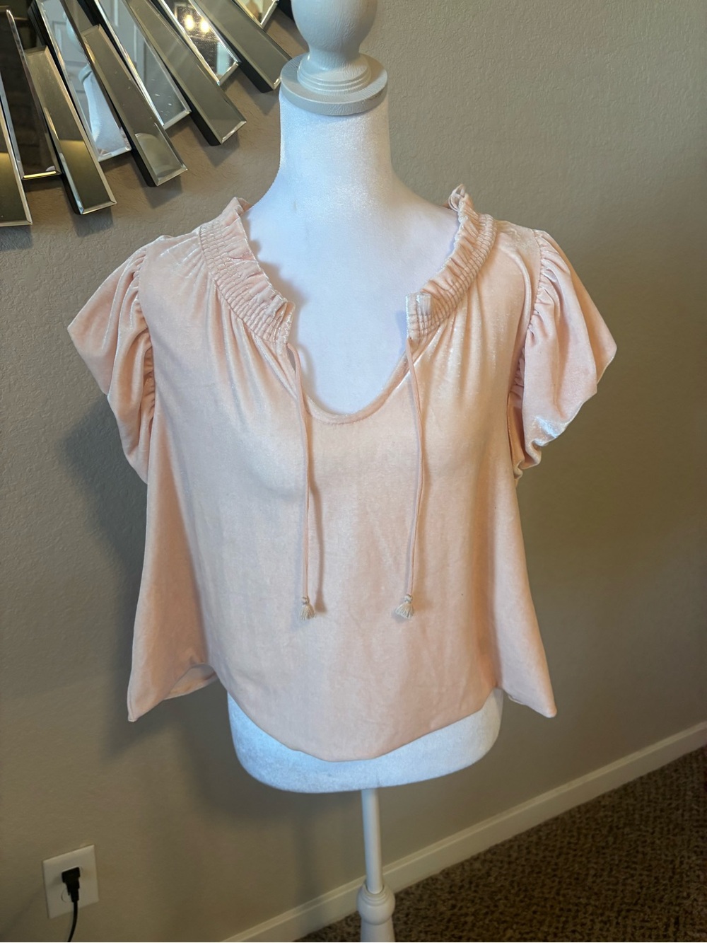 Free People Blush Peach Ruffle Tie-Neck Short Sleeve Top